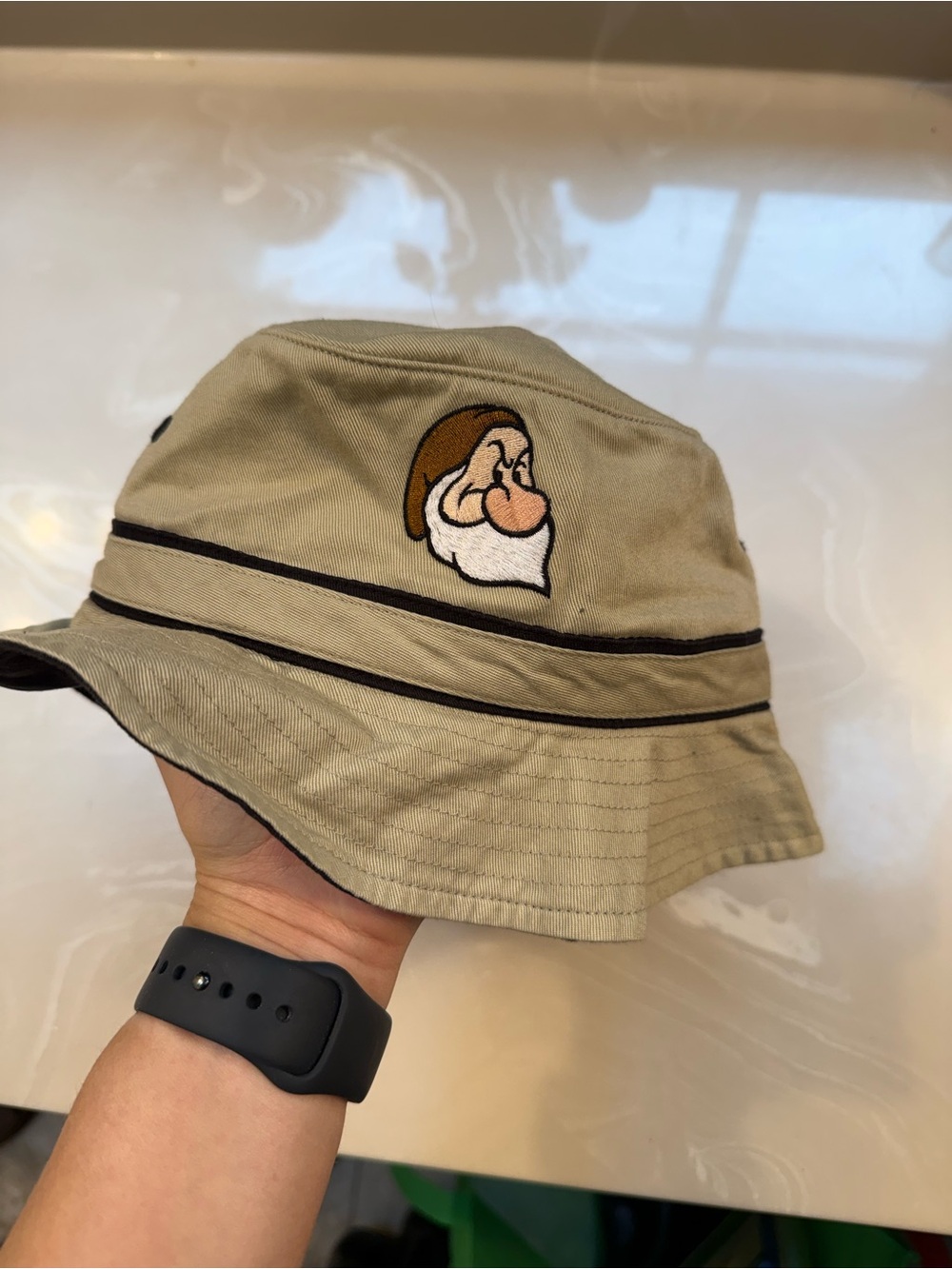 Beige/ Black Bucket Hat with Embroidered Dwarf Grumpy Disney Character - Youth
